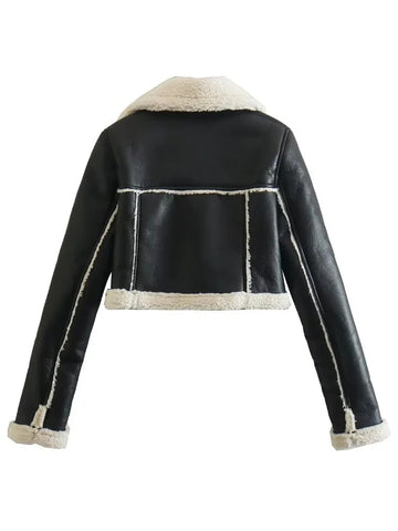 Yipinpay Black Fleece Jacket Women Cropped Faux Leather Jacket Woman 2023 Double Faced Zip Up Short Coat Warm Women's Winter Jackets
